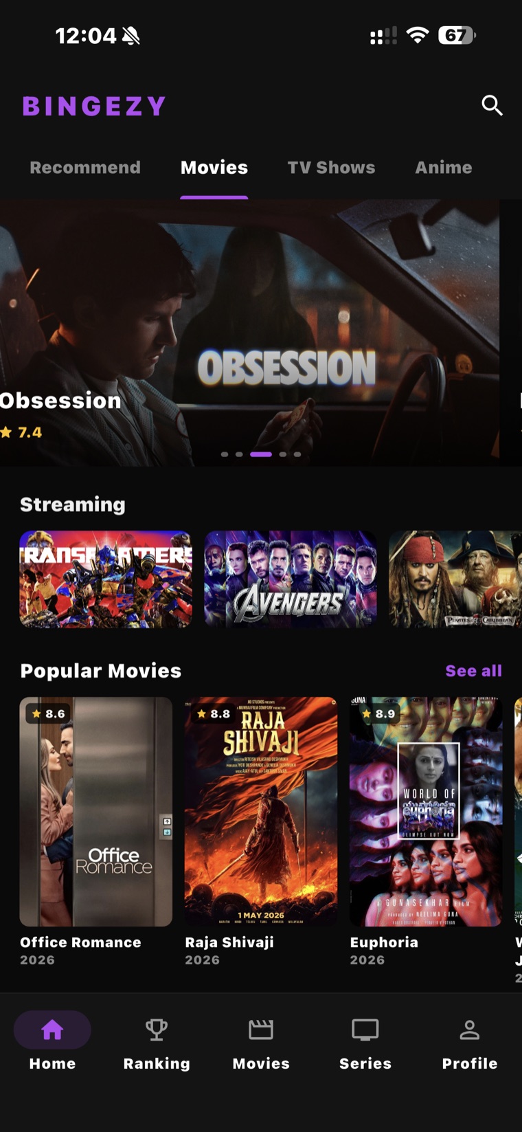 Bingezy home screen showing movies and streaming rows